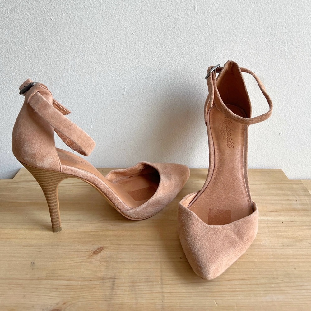 Madewell pink blush nude suede leather pointed toe heels ankle strap pumps sz 7
